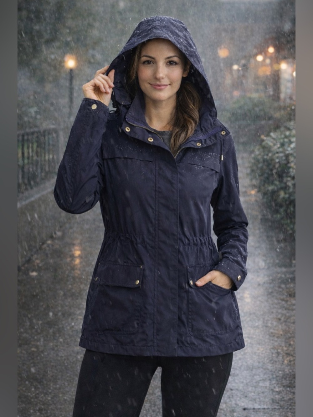 Gap Womens Navy Rain Jacket Hooded Utility Coat Lightweight Cinch Waist Medium